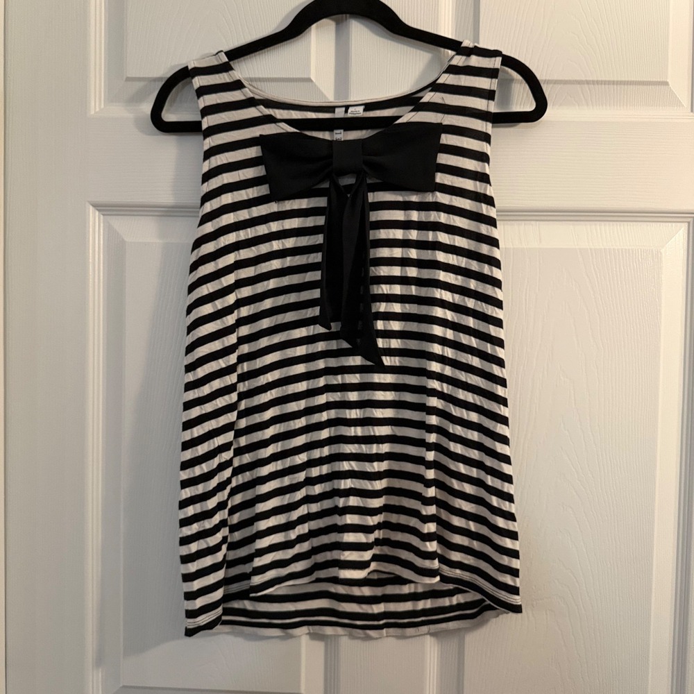ELLE Striped Tank Top Black White Large Bow Front Nautical Parisian Casual‎